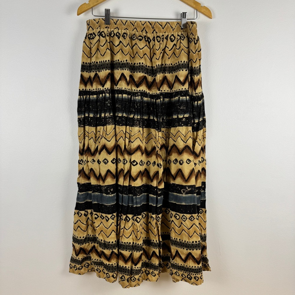 Pine Cove Vintage 90s XL Skirt Viscose Elastic Waist Tan Brown Black Pattern USA